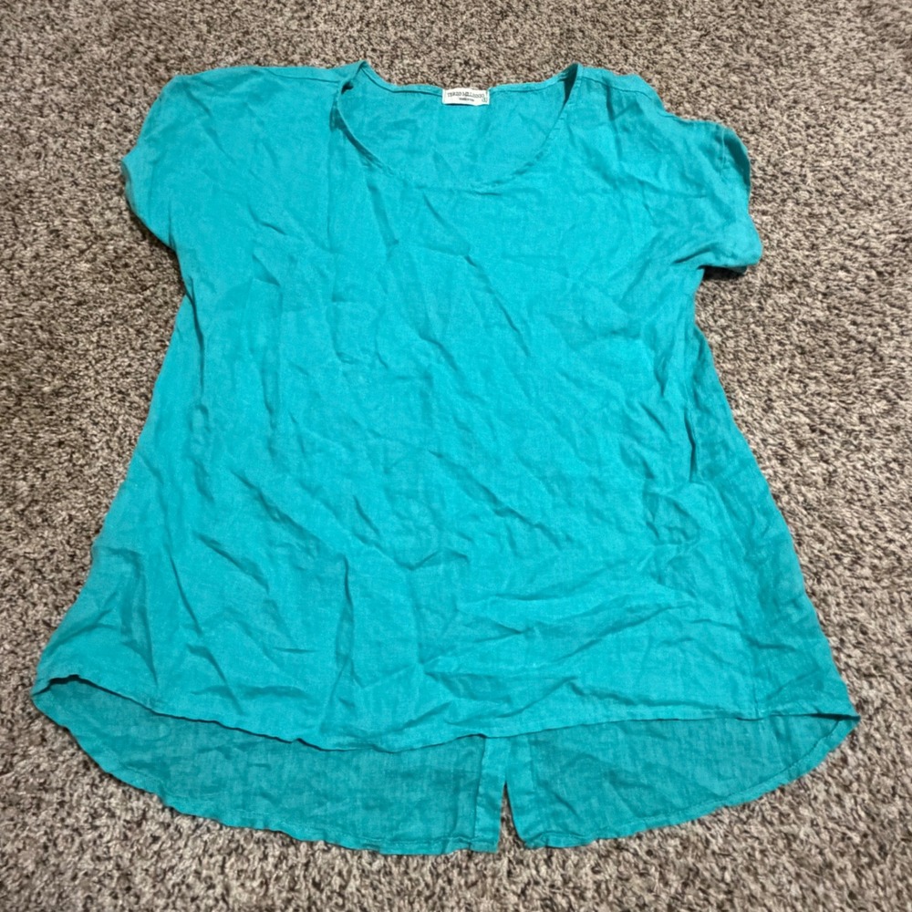 Terzo Millennio Womens Small Teal Blue 100% Linen Button Back Tunic Top Italy
